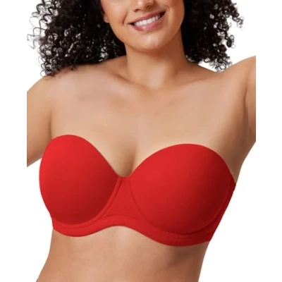 Imagen de DELIMIRA Sujetador sin Tirantes con Aros Tallas Grandes Invisible Multiposicion para Mujer Lápiz Labial 100C