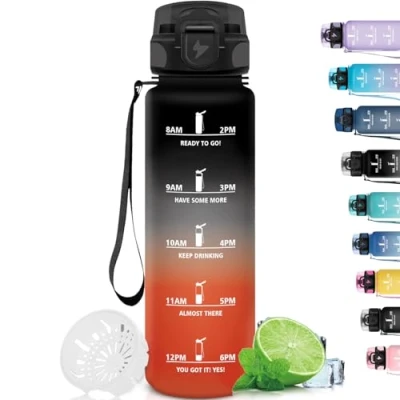 Imagen de Grsta Botella Agua, Agua Gimnasio con Filtro, 1 Litro Marca de Tiempo, Gym para Hombres y Mujeres, Plastico Reutilizable Deporte, Correr, Yoga