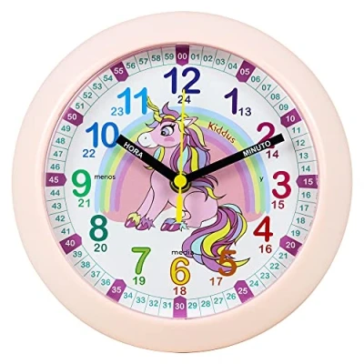 Imagen de Kiddus Reloj de Pared Pedagógico Infantil para Niña, Niño. Analógico y Silencioso. Aprende la Hora con Nuestro Fácil Sistema Time Teacher. Ejercicios Incluídos. Diseñado en Barcelona