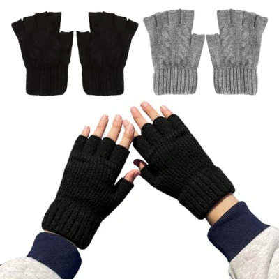 Imagen de 2 pares de guantes medio dedo, sin dedos invierno, gruesos y calientes para mujeres hombres, adecuados escribir, ciclismo conducción (negro, gris claro),