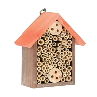 Imagen de Relaxdays Insektenhotel Hotel Insectos, Nido Abejas Solitarias, 20 x 17 8,5 cm, Forma de Casa, Jardín o Balcón, Marrón y Naranja, Bambú