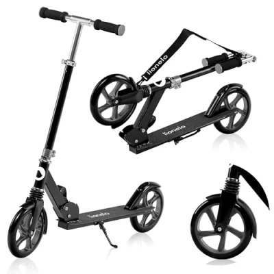 Imagen de lionelo Luca Patinete Urbano XXL hasta 100 kg, Scooter para niños, Grandes Ruedas 200 mm ShockResist Amortiguador, Volante Ajustable Altura, Freno Plegable (Negro)