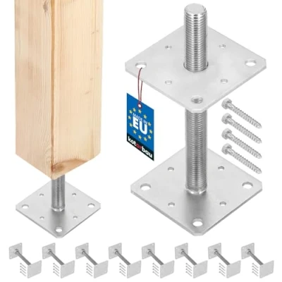 Imagen de KOTARBAU® Lote de 8 Soporte para Postes Madera 110 mm x 250 Rosca M24 Base Poste Atornillar en Suelo Hormigón Anclajes Sujeción Galvanizada Altura Ajustable