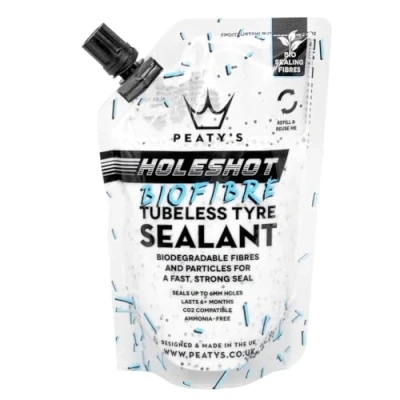Imagen de Peaty&#039;s Holeshot Sellador de neumáticos sin cámara biofibra, reparación pinchazos acción rápida, sella agujeros hasta 6 mm para bicicletas MTB, carretera y grava, utiliza fibras