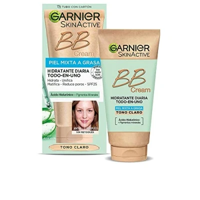 Imagen de GARNIER Skin Active BB Cream (para pieles mixtas a grasas, con SPF 25, Ácido Hialuronico, Extracto de Aloe Vera y Pigmentos Minerales, Hidrata, Unifica, Corrige e Ilumina) Tono claro 50 ml