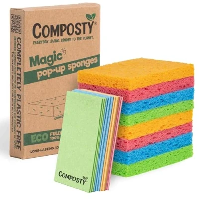 Imagen de Composty® Esponjas ecológicas Pop Up Paquete de 12 compostables Sin residuos plástico, 100% celulosa Natural Larga duración 4 Colores Cocina, Lavado, baño