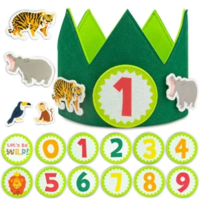 Imagen de BONNYCO Corona Cumpleaños Animales Selva con Números Intercambiables del 0 al 9 y Figuras Tematizadas 1 Año en Adelante, Decoracion Niño Jungla Carnaval
