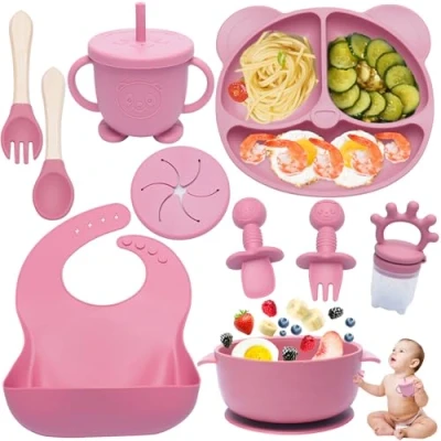 Imagen de Dazhtu 12 Piezas Vajilla bebe Silicona, de Silicona para Bebés con Ventosa, Plato Ventosa Platos impermeable, Cubiertos Bebe, aprendizaje comer destete(Rosa oscuro)