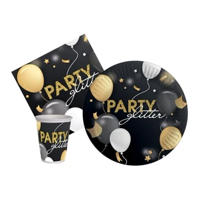 Imagen de Kit Vajilla de Fiesta Glitter Party para 8 personas (36 pcs: platos Ø23cm, vasos 250ml, 20 servilletas 33x33cm) papel compostable eco friendly