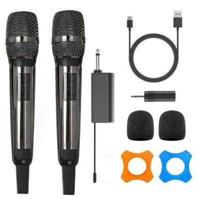 Imagen de HUACAM Micrófonos inalámbricos, micrófono inalámbrico recargable UHF de metal negro, con receptor 6,35 mm y 3,5 para karaoke, canto, discursos, iglesias, reuniones, bodas (negro)
