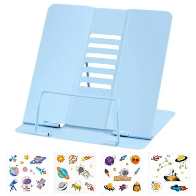 Imagen de MINISOISO Atril Metálico para Libros, Soporte Libro Leer con 6 Alturas Ajustables, de Lectura Metal Plegable Tableta, Música, Recetas, Cocina, Oficina, Azul