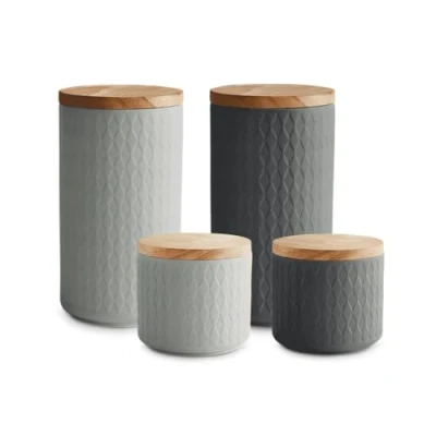 Imagen de SPRINGLANE botes de cerámica con tapa madera gris, Recipientes 400 ml a 1 litro capacidad, almacenamiento, herméticos Set 4