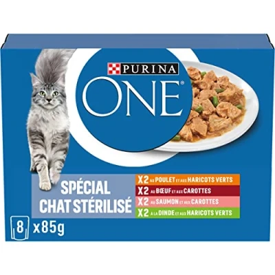 Imagen de PURINA ONE Gato Esterilizado Refilado en Salsa Sabores Surtidos Pollo Carne Salmón y Pavo Bolsas Comidas para Gatos Adultos 8 x 85 g Lote de 10