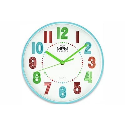 Imagen de MPM Quality Reloj de Pared plástico para niños, Colorido, con números 3D Grandes, Color Blanco/Azul, diámetro 255 x 45 mm, Adecuado habitación Infantil, Movimiento Cuarzo Jugar sin