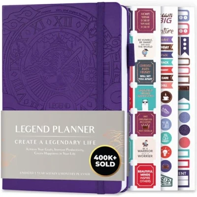 Imagen de Legend Planner Planificador de vida semanal y mensual lujo para alcanzar tus metas vivir más feliz. Organizador, cuaderno productividad A5, Sin fecha Púrpura