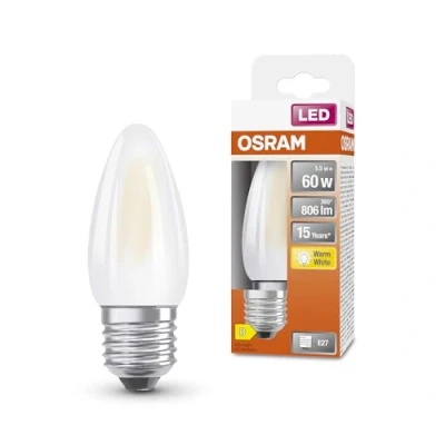 Imagen de Lámpara LED OSRAM Star Classic en forma clásica de mini vela, luz blanca cálida (2700 K) con 5,5W / 806 lm, fabricada vidrio esmerilado sin plomo, casquillo E27, IP20, EEK D, 35 mm diámetro.