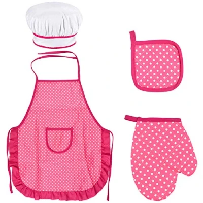 Imagen de Juego Chef para Niños, Ajustable Niños Delantal Cocina con Gorro de Chef, Manopla Tapete Resistente al Calor y Niñas 3 a 8 Años (Rosa Roja)