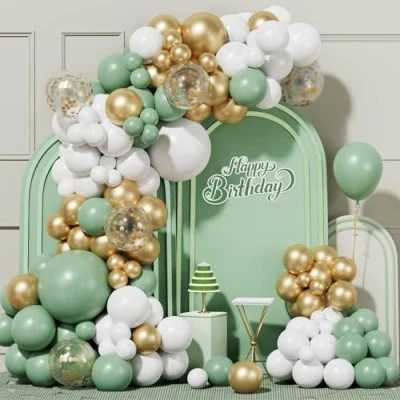Imagen de Kit Arco Globos Verde Salvia y Dorados, 100pcs Guirnalda Oliva con Blanco Oro Confeti Globos, de Cumpleaños, Decoracion Baby Shower Niño para Jungla Safari Temática Fiesta, Boda