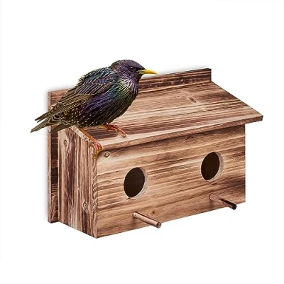 Imagen de Relaxdays Casa de Pájaros Efecto Quemado, Madera Abeto Natural, 2 Agujeros Entrada 5 cm, Perchas, Colgante, 22 x 35 18 cm