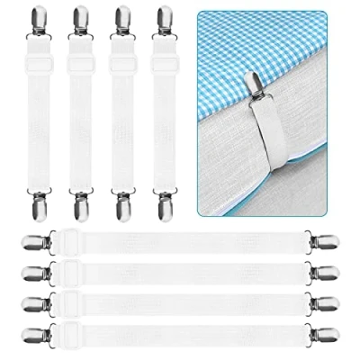 Imagen de KEELYY Sujetadores para Sábanas 8 Piezas Ajustables Elásticos Correas Cama Clips Sábana Bajera Fundas de Colchón Sofá (Blanco)