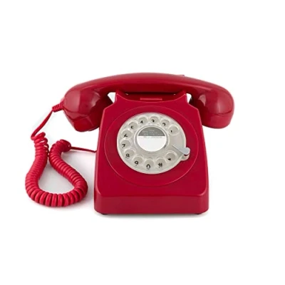Imagen de GPO 746 Teléfono fijo de disco con estilo retro los años 70 Cable en espiral, Timbre tradicional auténtico Rojo