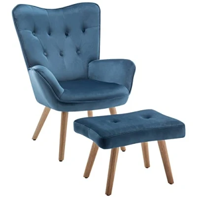Imagen de HollyHOME Sillon con Reposapies para Salón Terciopelo de Lectura, Relax Sillón Dormitorio Comodos Reposapiés, Azul
