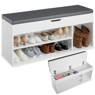 Imagen de TecTake Banco Zapatero, Zapatera con Banco, Arcón para Zapatos Asiento, Mueble Calzado, Mobiliario Almacenamiento (Blanco)