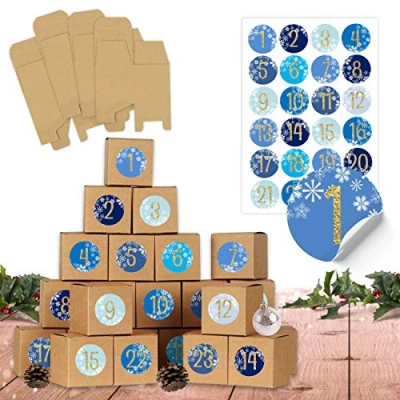 Imagen de Papierdrachen DIY calendario de adviento para rellenar Azul 24 cajas marrones naturales cartón 400g/m² colocar y decorar Navidad