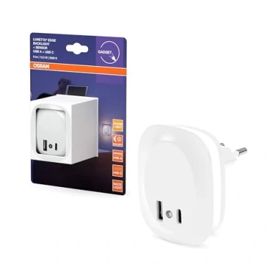 Imagen de OSRAM luz nocturna enchufable LUNETTA EDGE, blanca, 0,35 W, 10 lm, blanca cálida, sensor de diurna, puerto USB A y C, tecnología LED, funcionalidad carga, larga duración, IP20, 3000K.