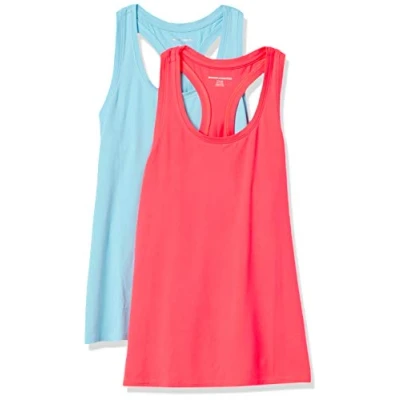 Imagen de Amazon Essentials Camiseta Técnica con Espalda Deportiva en Tejido Elástico (Disponible Tallas Grandes) Mujer, Pack de 2, Rosa Fluorescente/Azul, XL