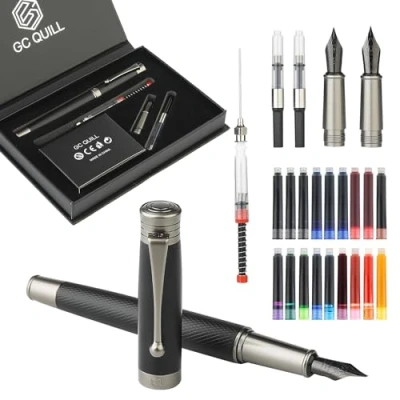 Imagen de GC QUILL Juego de pluma estilográfica, punta fina y media, incluye 18 cartuchos tinta, convertidor recarga tinta relleno jeringa regalo para escribir caligrafía diario,