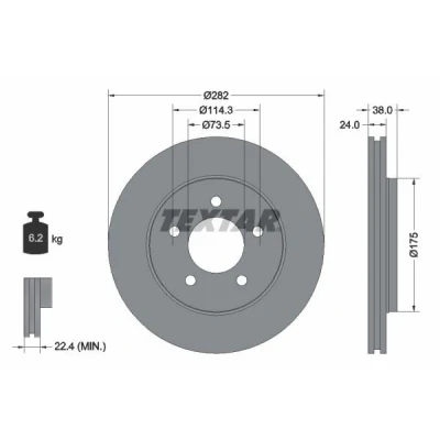 Imagen de TEXTAR 92108700 Disco de freno 282 24 05/05 114,3 ventilación interna sin perno sujeción rueda, buje rueda CHRYSLER: VOYAGER 4