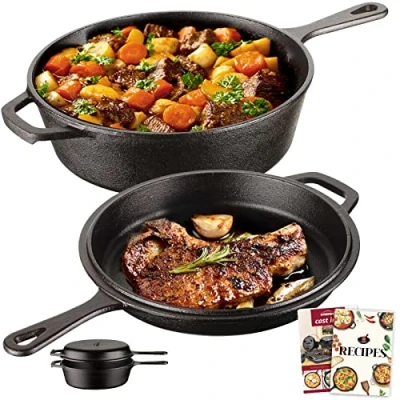 Imagen de Overmont Olla de Hierro Fundido Horno Holandés con Mango Largo Receta E Book, Cacerola Doble Función Tapa/Sartén para Cocina Camping Jardín Barbacoa, Modelo: OV009