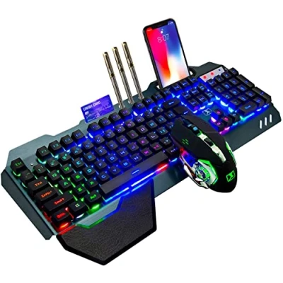 Imagen de LexonTech Teclado para Juegos inalámbrico con sensación mecánica y retroiluminación arcoíris batería Recargable de 3800mAh reposamuñecas Desmontable+ratón LED 7 Colores Ordenador/PC