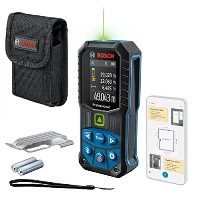 Imagen de Bosch Professional medidor láser GLM 50 27 CG + clip de sujeción (láser verde, alcance: hasta m, robusto, IP65, transferencia datos Bluetooth, 2 pilas AA, correa, estuche) Amazon Exclusive Set
