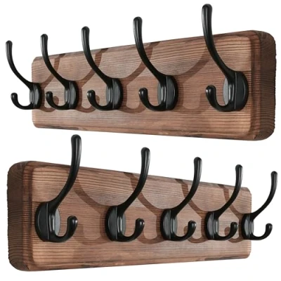 Imagen de SKOLOO Perchero rústico montado en la pared, caja de 2, colgador madera maciza pino, 5 ganchos para colgar ropa, batas, toallas, abrigos