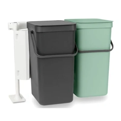 Imagen de Brabantia Cubo de Basura Sort &amp; Go 2x16L Papelera Empotrada Doble Tapa en Posición Abierta Asa Transporte Fácil Limpiar para Debajo la Cocina Grey/Jade Green 52 x 37 43 cm