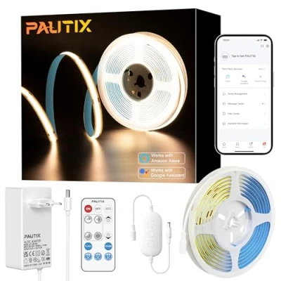 Imagen de PAUTIX WIFI COB LED Tira Blanco Cálido 2700K 5M,480LEDs/M Regulable 24V Flexible CRI90+ Brillo,Inteligente Función con Alexa,RF Remoto y Alimentación para decoración del Hogar de Bricolaje