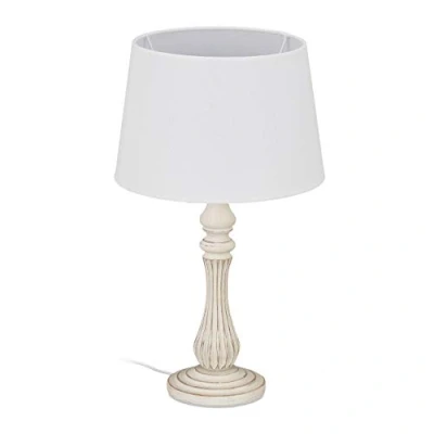 Imagen de Relaxdays Lámpara Mesa Rústica, Estilo Shabby Chic, Rosca E14, Luz Sobremesa Madera, Salón o Dormitorio, 47x27cm, Blanco