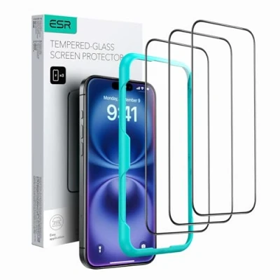 Imagen de ESR Protector Pantalla iPhone 16 Plus/iPhone 15 Plus(3 Unidades), Cristal Templado, Herramienta Instalación, Dureza 9H, Grado Militar, Cobertura Total, Transparencia HD, Resistente Arañazos