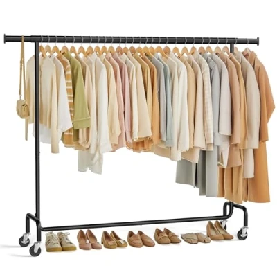 Imagen de SONGMICS Burro Ropa con Ruedas, Perchero Extensible Carga Pesada, Capacidad de 110 kg, 45 x (160 200) 162,9 cm, Fácil Montar, Portátil, Negro Mate HSR176B01