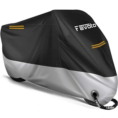 Imagen de Favoto Funda para Moto Cubierta de 210D Impermeable Protectora con Banda Reflectante a Prueba Sol Lluvia Polvo Viento Nieve Excremento Pájaro al Aire Libre, 265x105x125cm Negro+Plata