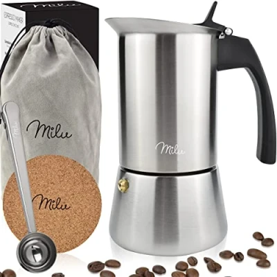 Imagen de Milu Cafetera Italiana inducción 2, 4, 6, 9 Tazas Moka de Acero Inox, Expresso Maker Set comprensivo di sottobicchiere, cucchiaio, spazzola (9 tazas, 450ml)