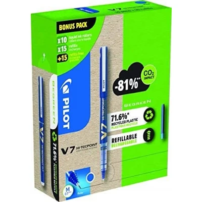 Imagen de Pilot Greenpack V7 Eco, 0,7 mm, azul, 10 bolígrafos y 30 recargas