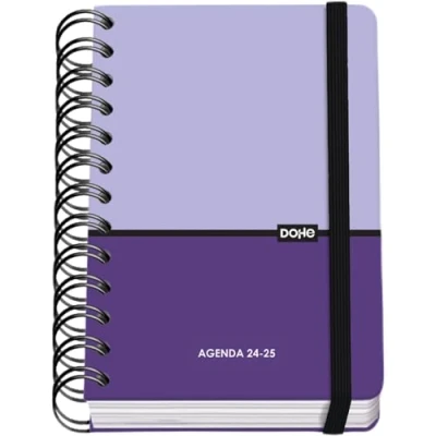 Imagen de Dohe Agenda Escolar 2024 2025 Día por Página, Tamaño A6 (12x17 cm), Cierre Anillas y Goma, Español e Inglés, 4 Páginas de Pegatinas, Septiembre a Junio, Material DUO Morado