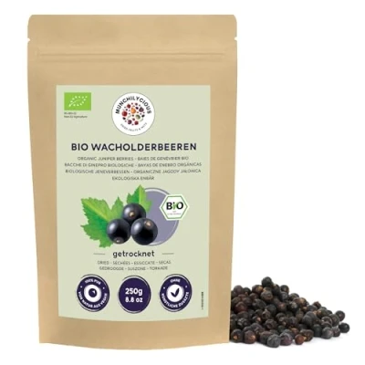 Imagen de bayas de enebro secas orgánicas 250g Munchilycious, enteras, sin azúcar para cocinar y hacer bebidas, naturalmente veganas