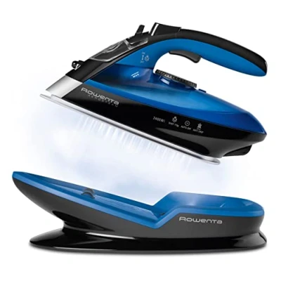 Imagen de Rowenta Freemove DE5010 Plancha sin cable con golpe de vapor 115 g/min, cable, 250 ml, suela Microsteam 400 láser, autoapagado y antical, todo tipo tejidos, Azul/Negro