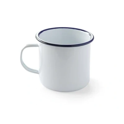 Imagen de HENDI Jarra Tazón Taza Vaso Mug esmaltado, para desayunar y servir diferentes alimentos, postres, bebidas frías calientes, helados, 0,52 L, ø100x(H) 90 mm, acero esmaltado blanco con borde azul