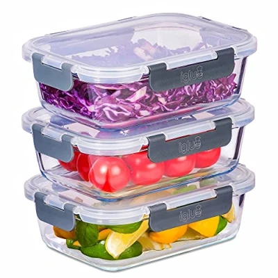 Imagen de Igluu Meal Prep Recipientes de vidrio Control hermético porciones almacenamiento alimentos, sin BPA, apto para microondas, horno y lavavajillas, 1050 ml Set 3