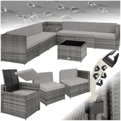 Imagen de TecTake® Conjunto Jardín de Ratán, Muebles Exterior 6 Sillones, 1 Mesa con Cristal, Baúl Almacenamiento, Terraza Resistente a la Intemperie, Cojines, Estructura en Acero Gris